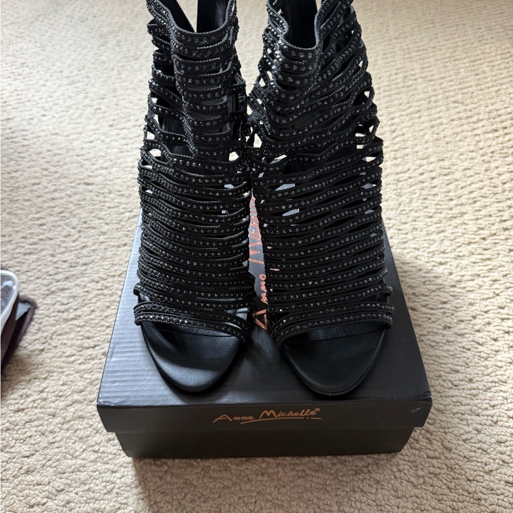 Anne Michelle Black Strappy Rhinestone High Heel Sandals